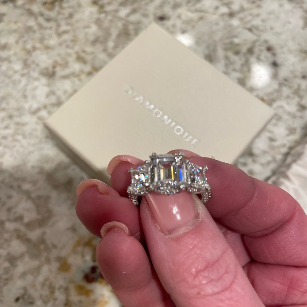 Judith Ripka New Sterling Silver Triple Stone Diamonique Ring, size 7, sizable